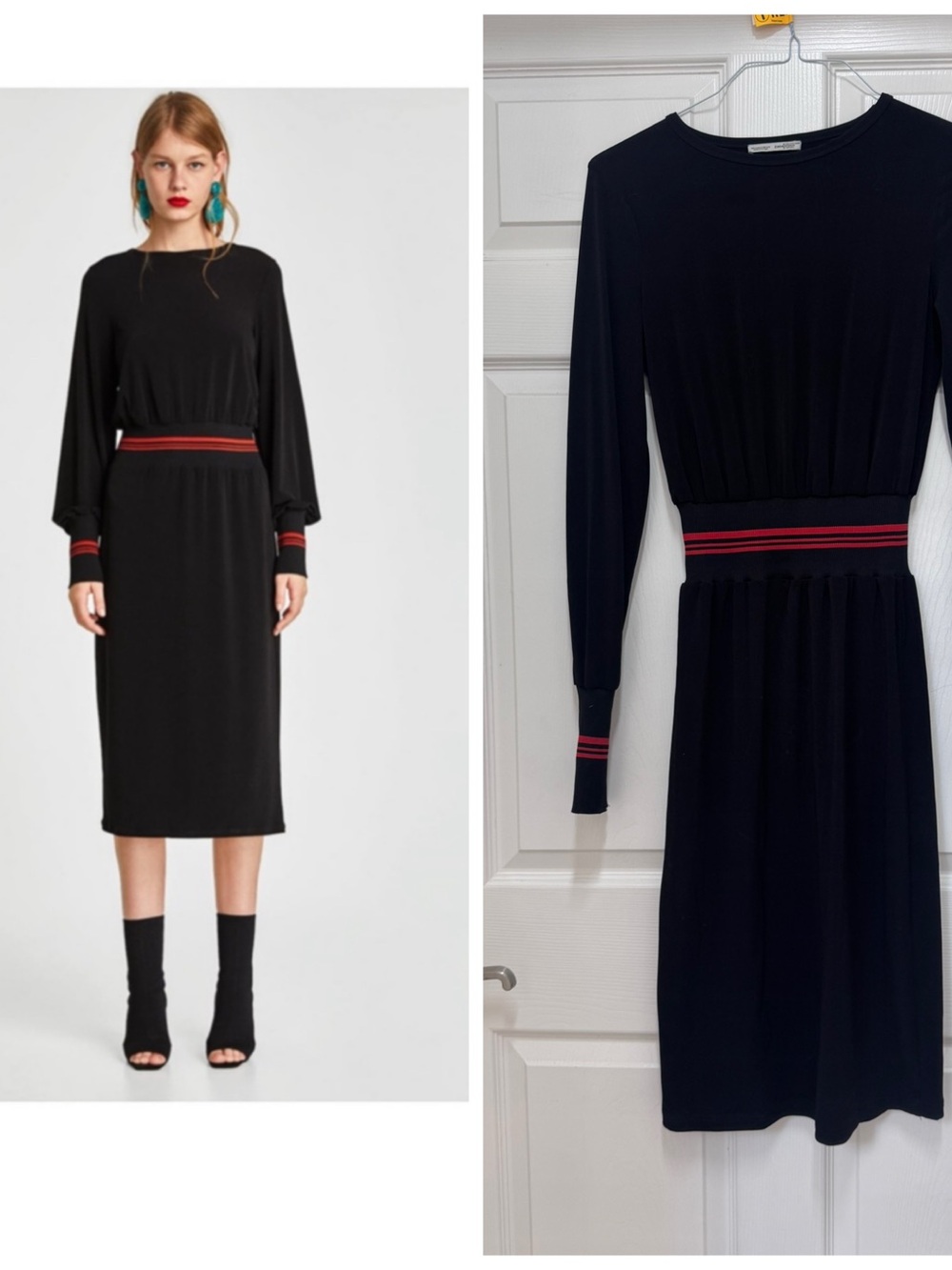 Zara Black Midi Dress with Red Stripe Waistband